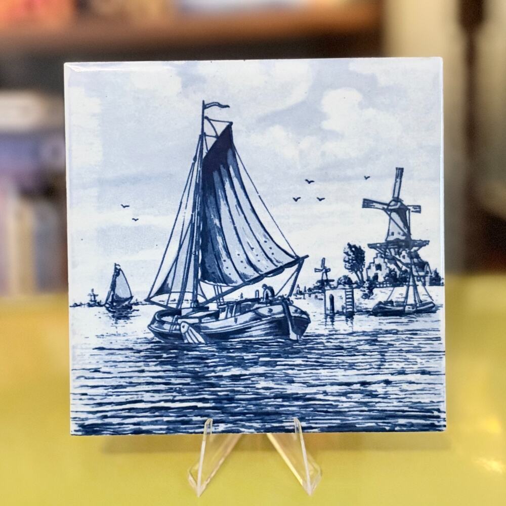 Delft Blue Tile Sailboat Windmill Holland Hand Painted Ceramic 4.25โ